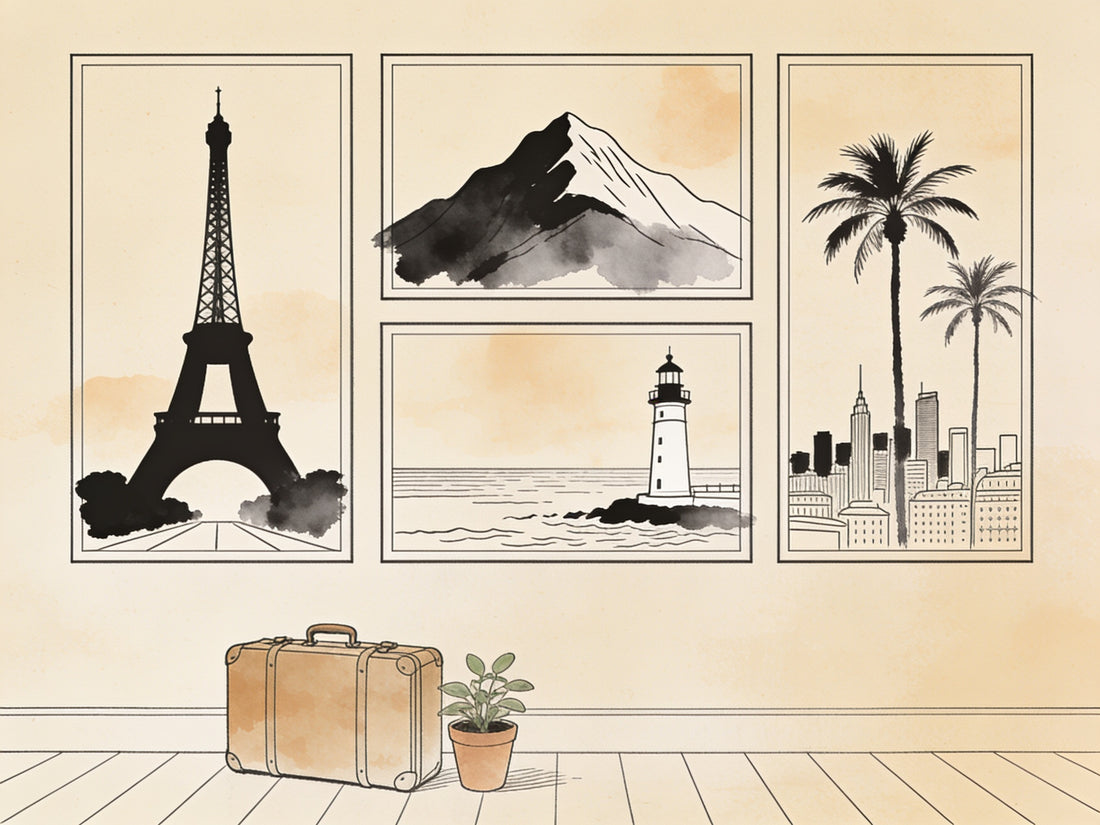 Mur galerie d'affiches de voyage vintage avec valise et plante, illustration ligne noire sur fond beige