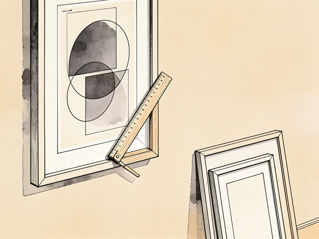Cadre mural avec poster abstrait et règle pliante, illustration ligne noire sur fond beige