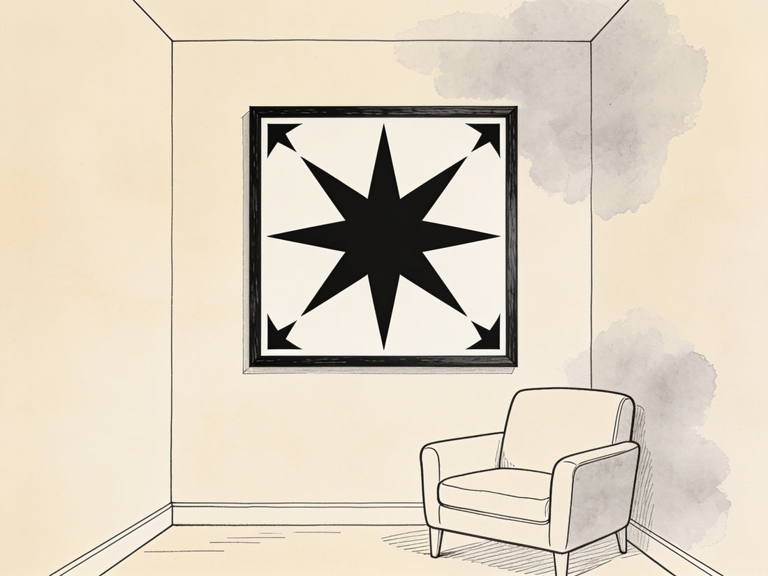 Salon avec une affiche pop art encadrée en aplat noir et blanc en forme d'étoile, illustration style croquis d'architecte