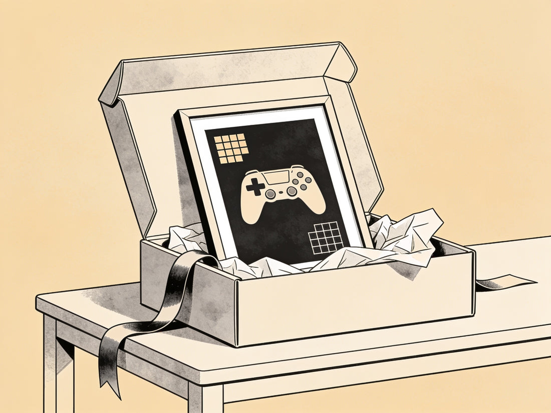 Cadeau poster gaming : boîte cadeau ouverte révélant une affiche encadrée à motif abstrait gaming
