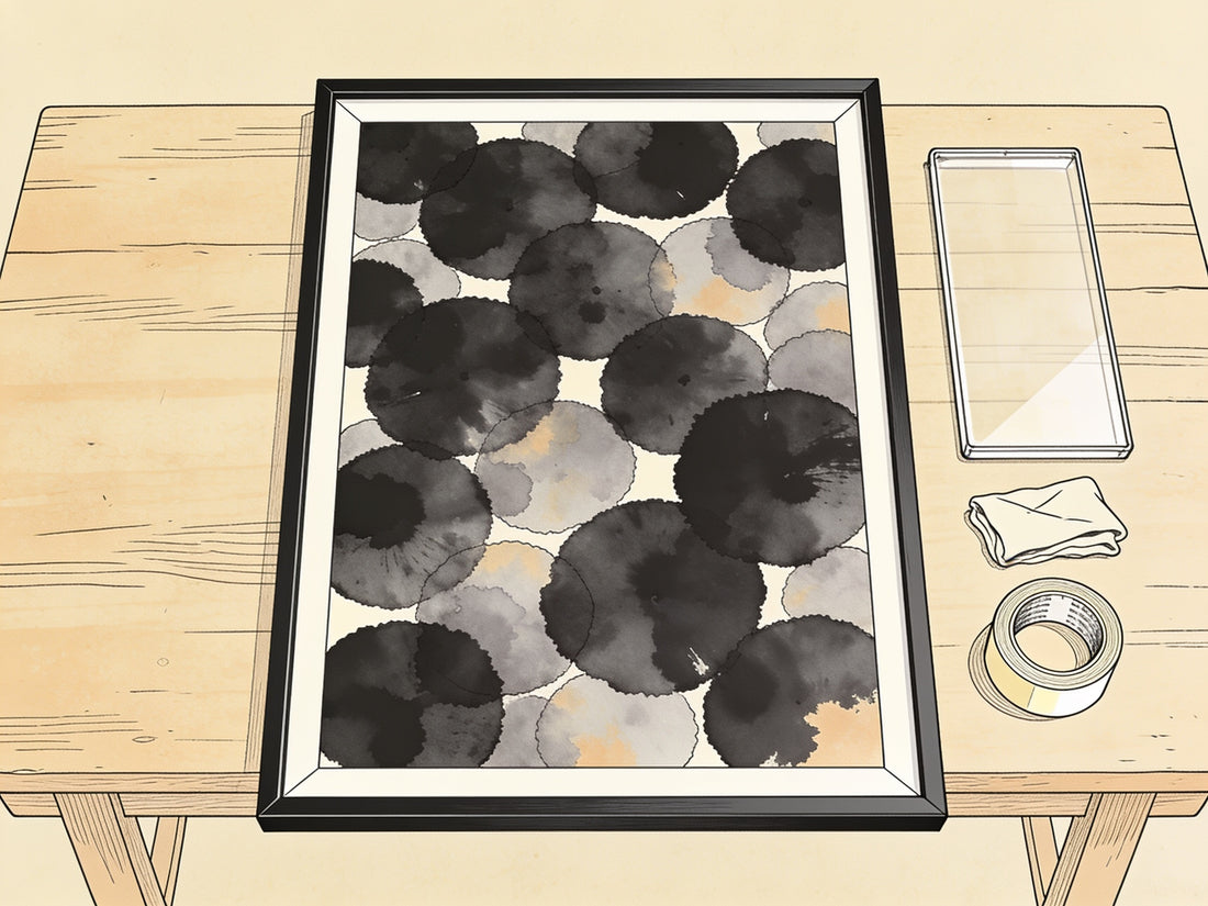 Encadrer une affiche : cadre posé sur une table avec vitre, affiche et chiffon, illustration au trait encre noire sur papier beige